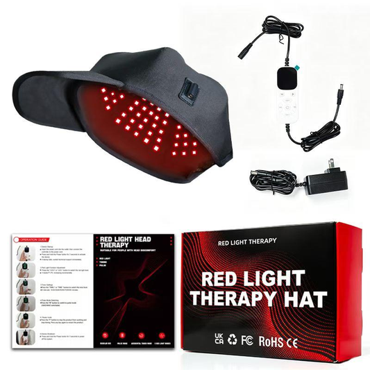 Rödljusmössa med tända LED, handkontroll, nätadapter och förpackning