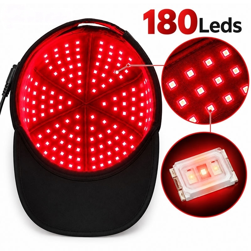 Mössans insida med 180 LED och närbild på 3-i-1-chipet